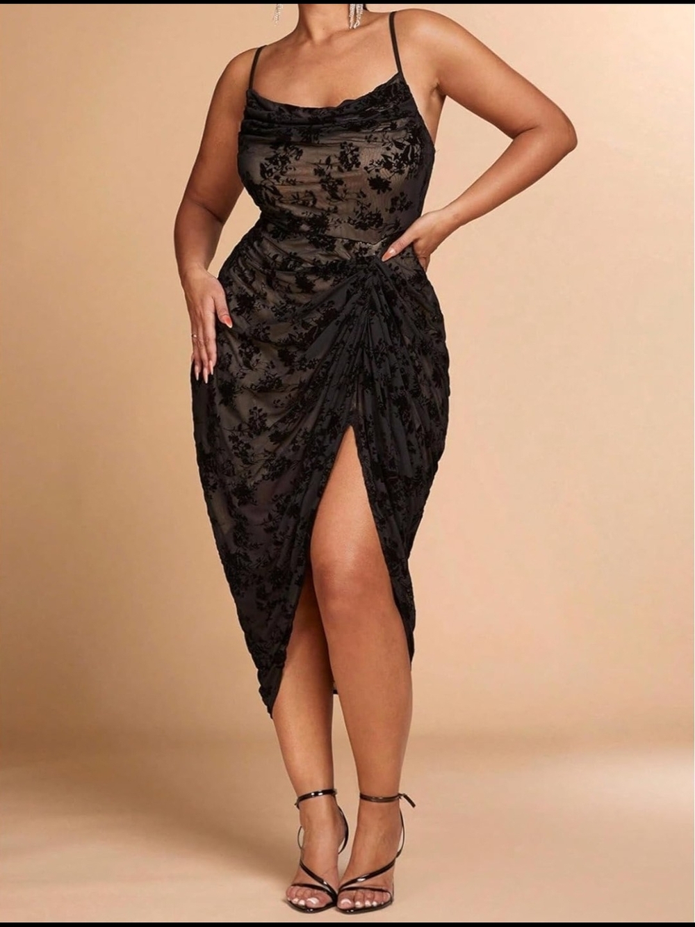 SUPER SEXY CURVY RUCHED SIDE BLACK LACE OVERLAY MIDI DRESS W/COWL NECKLINE